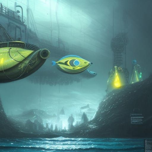 Wrecked Yellow Submarine in Neon-Lit Ocean