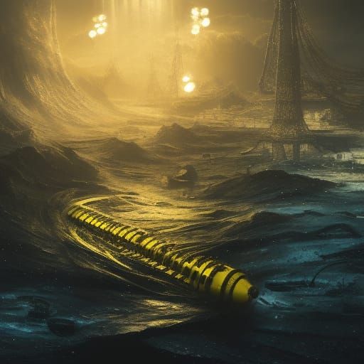 Wrecked Yellow Submarine in Neon-Lit Ocean