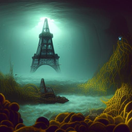 Neonlit Submarine Wreck in Deep Ocean