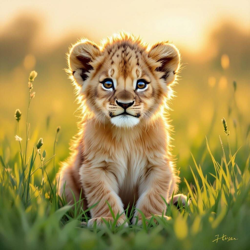 Fluffy Lion Cub in Sunrise Meadow Impressionist Painting