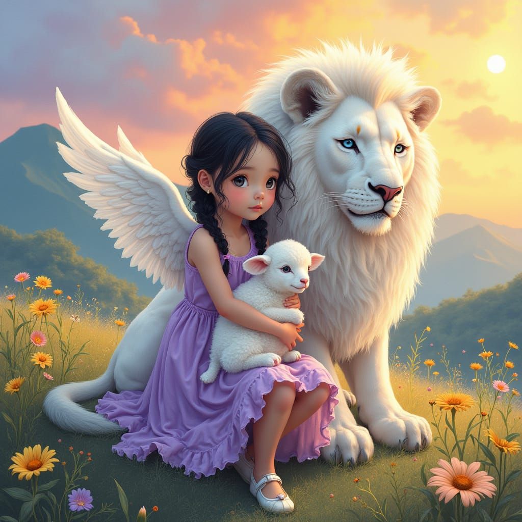 Asian Angel with Lion on Great Wall, Art Nouveau