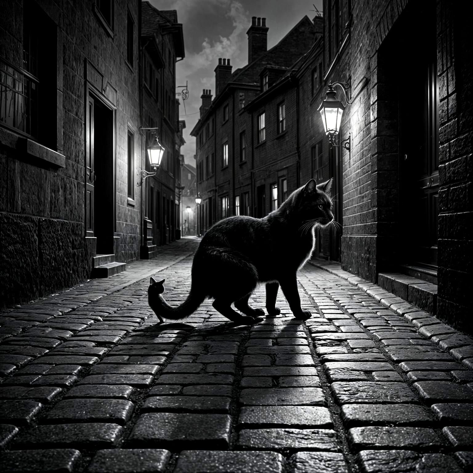 Black Cat Leaping in Chiaroscuro Street Scene