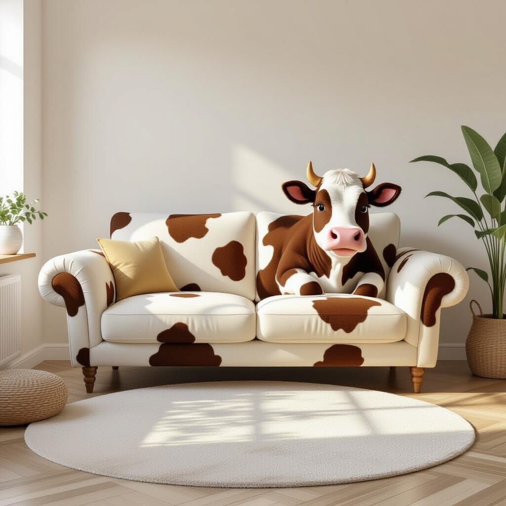 Whimsical Cow Couch Illustration in Children's Book Style