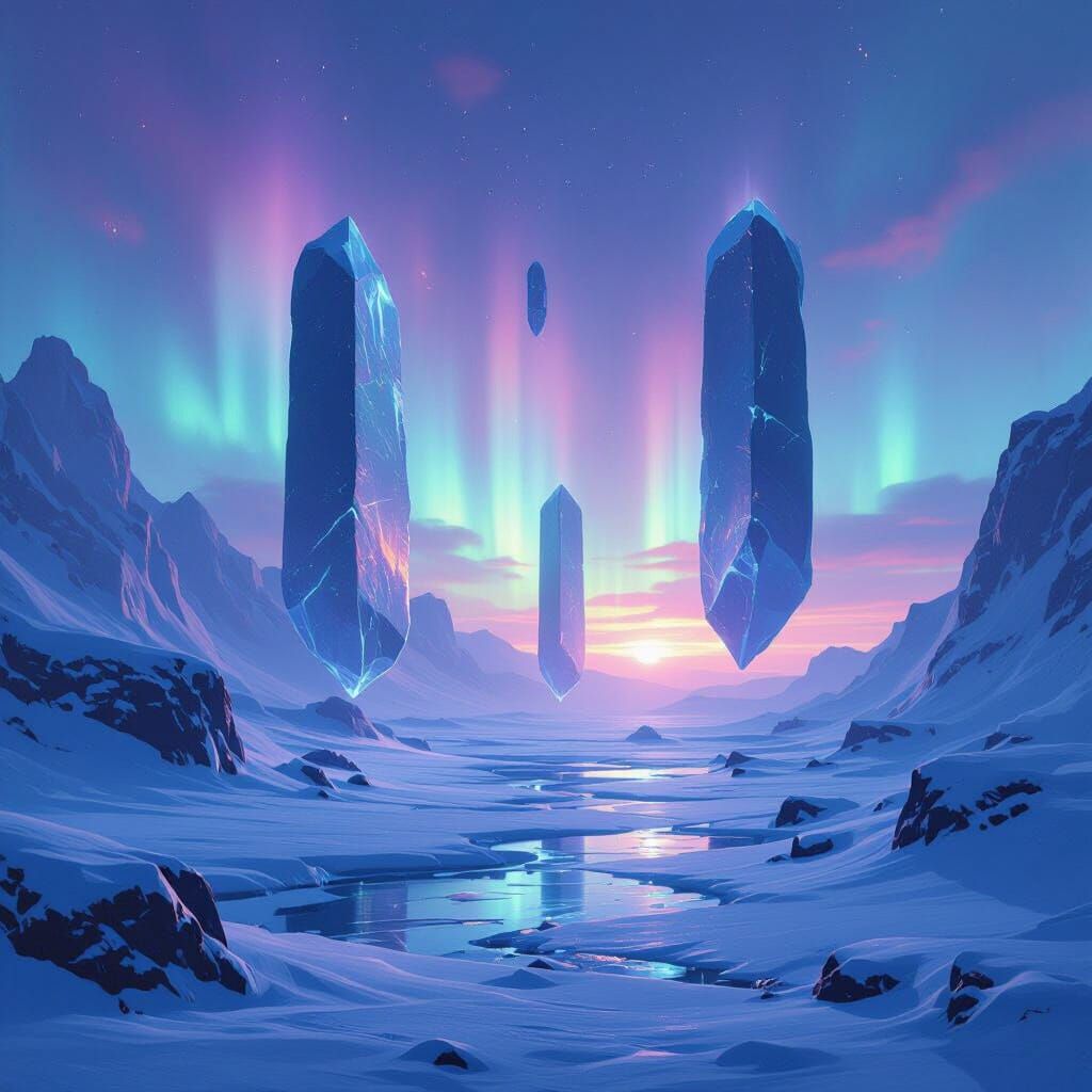 Surreal Frozen Valley with Levitating Monoliths