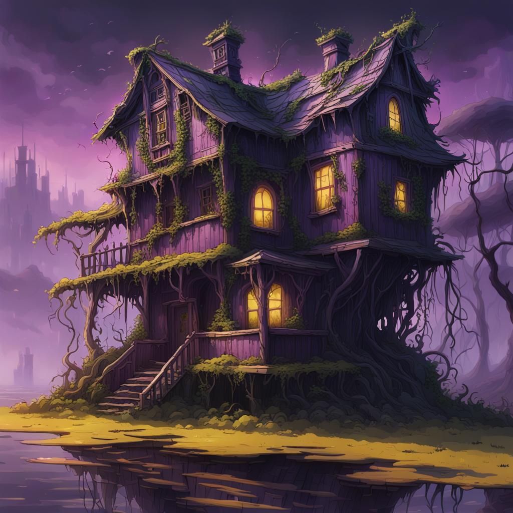 Island House in Dark Fantasy Art Nouveau Style