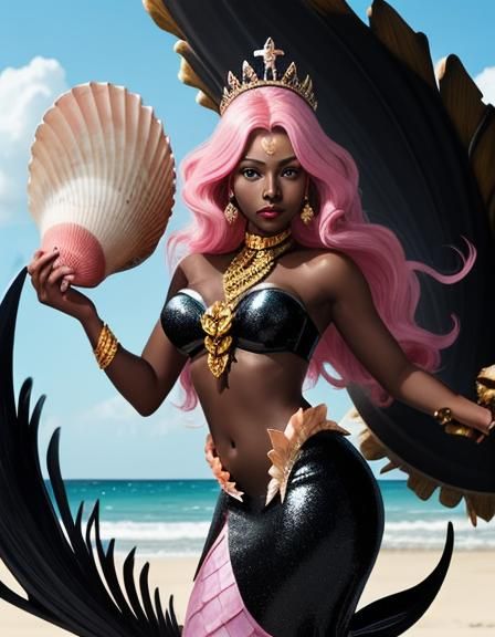 Black Mermaid with Shell on Beach Illustration