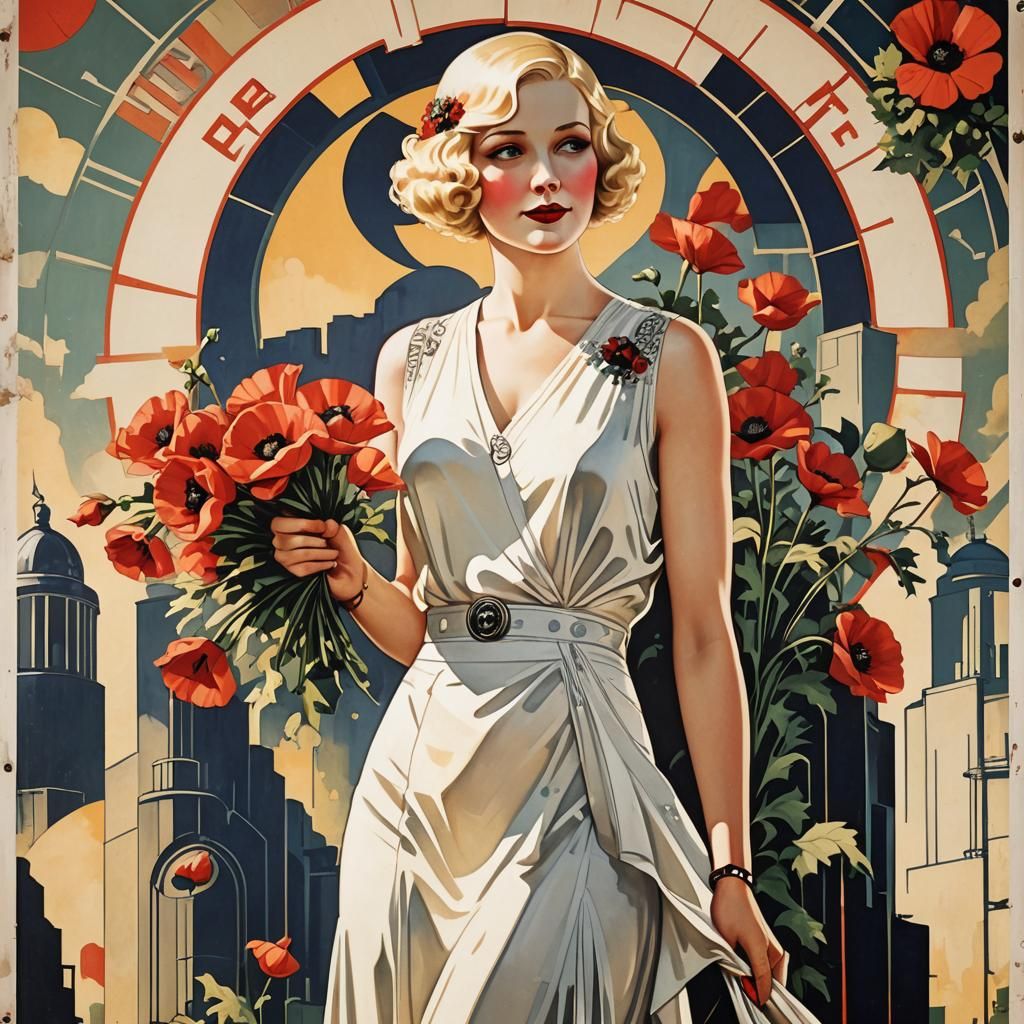 Retro Art Deco Billboard of Woman with Poppies