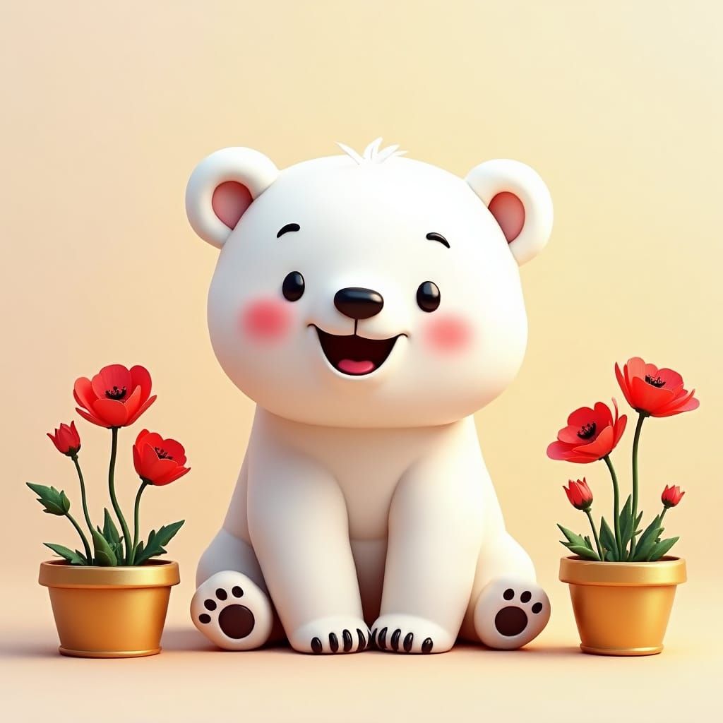 Charming Polar Bear Cub with Poppies, Matte Painting