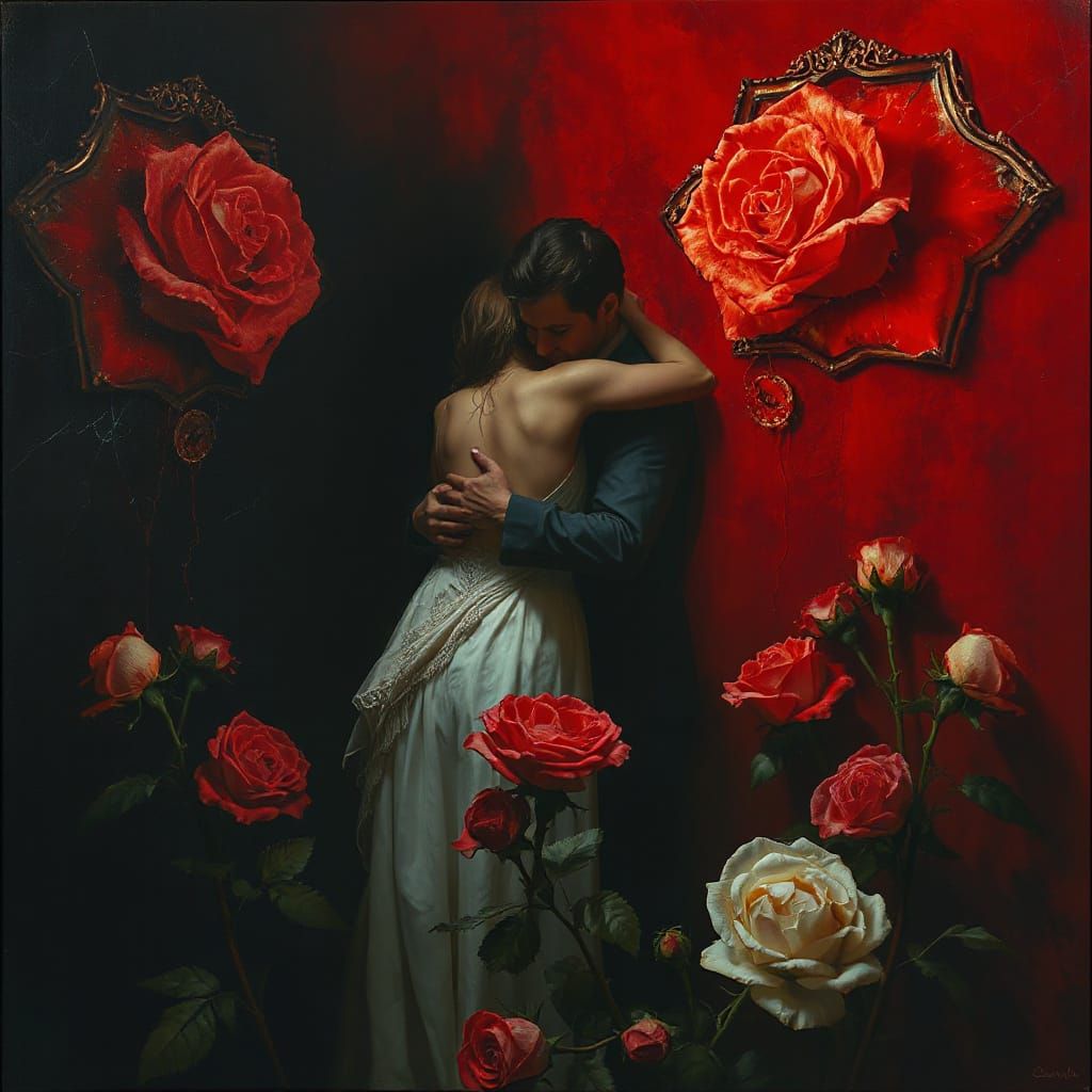 Surreal Embrace in Dreamscape, Chiaroscuro Lighting