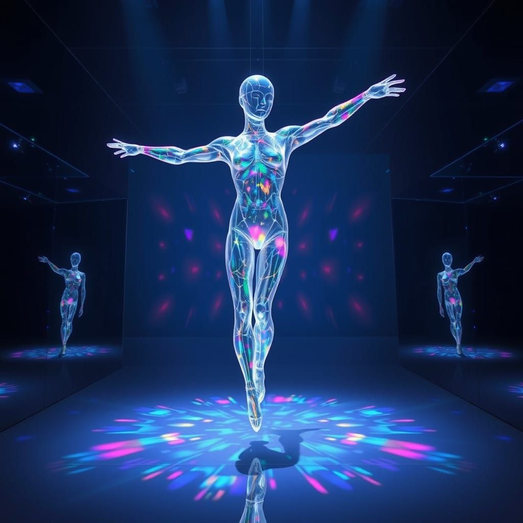 Sleek Holographic Dancer in Mid-Pirouette, Refracting Colors