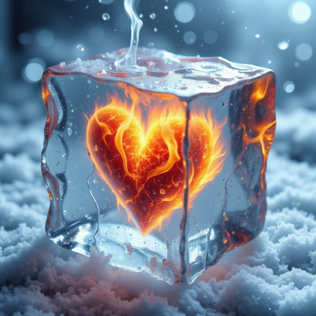 Heart Flame Ignites Within Icy Glass Cube