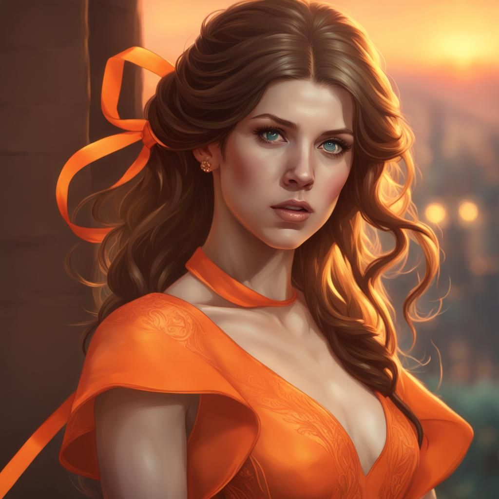 Woman in Orange Dress at Sunset: Digital Art