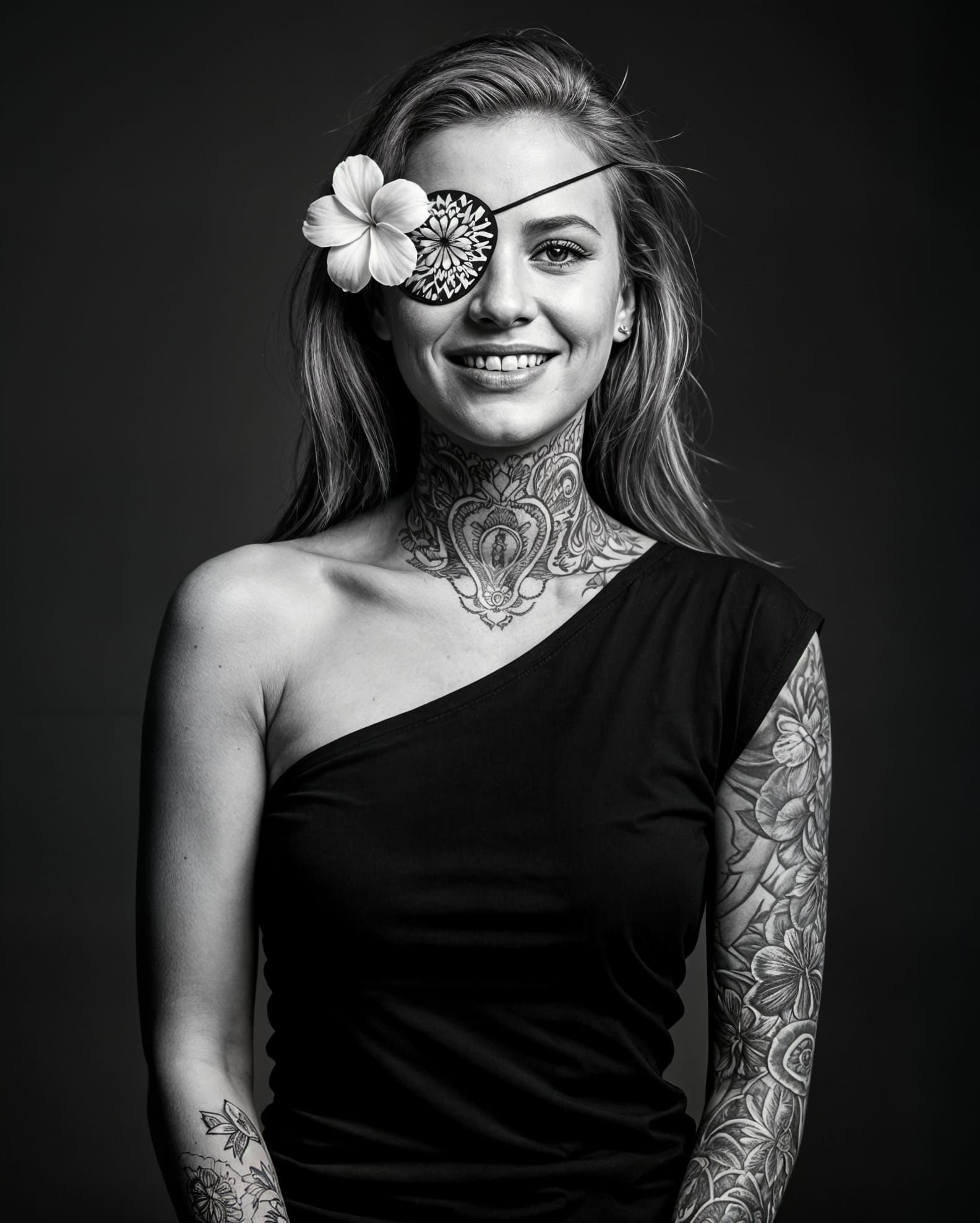 Fine Art Black and White Portrait of a Young Woman with Flor...