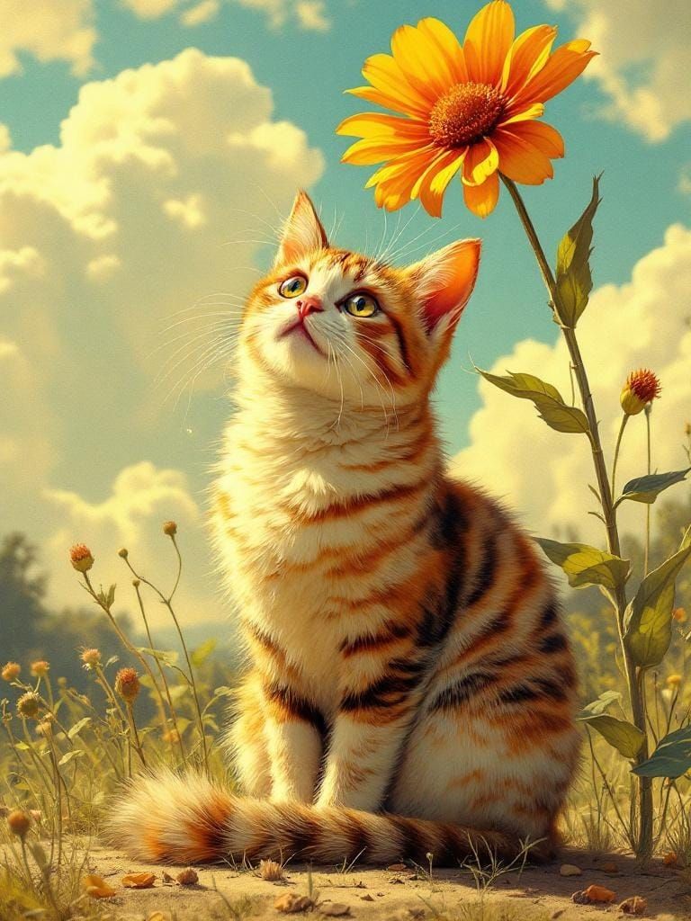 Solar Punk Pin-Up: Cat Under Flower in Vintage Style