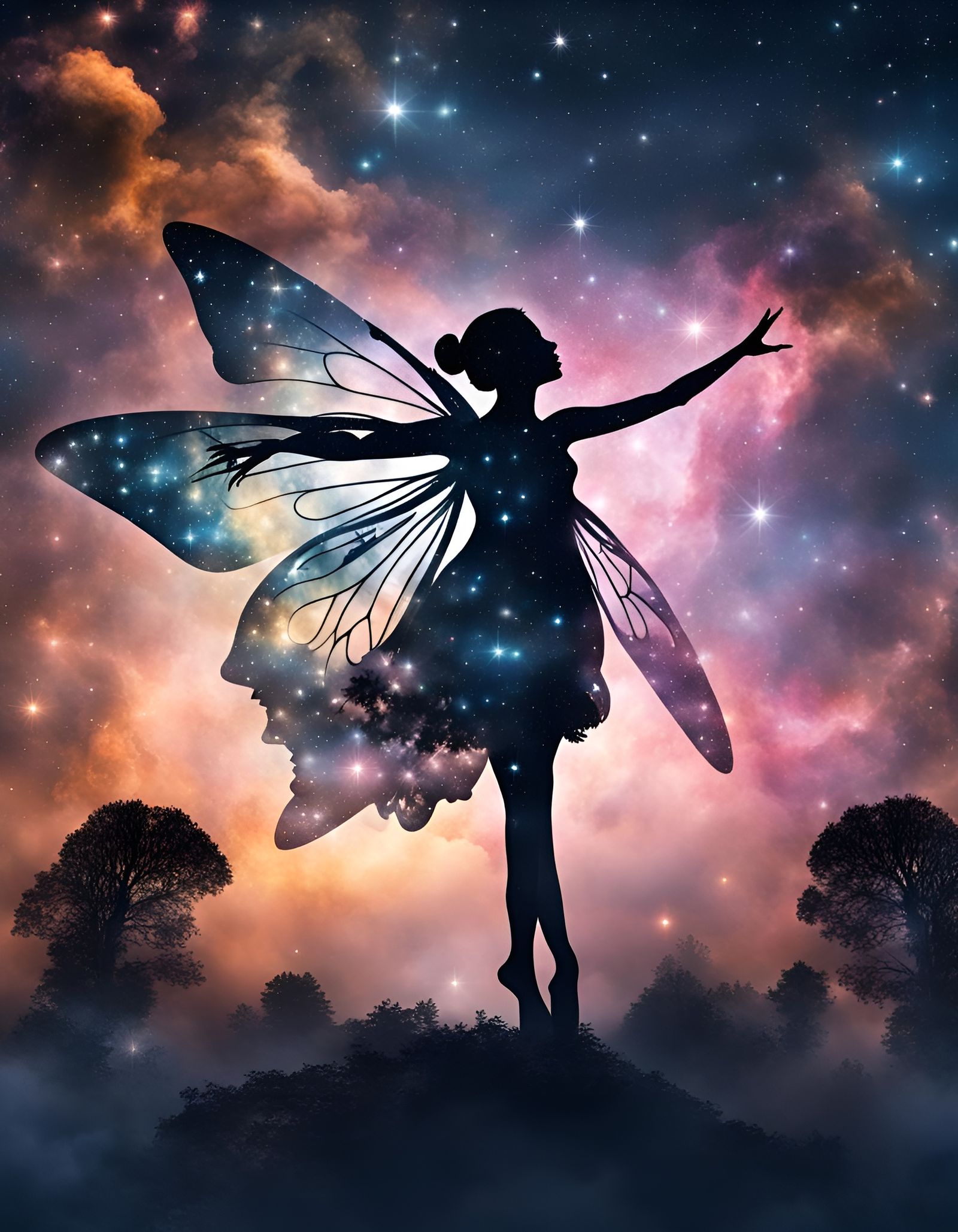 Fairy Silhouette Against Cosmic Sky in Double Exposure