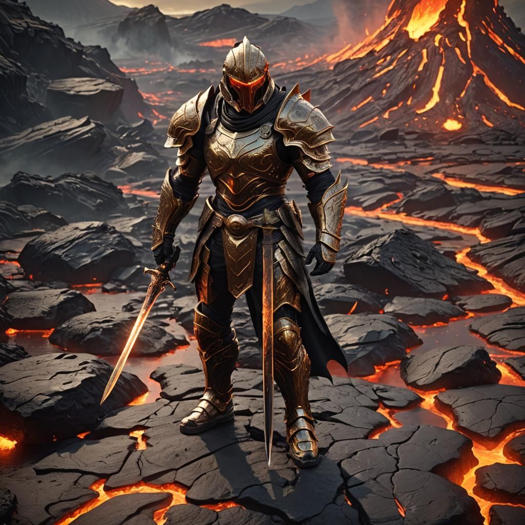 Dark Warrior on Lava in Hyper-Realistic 3D