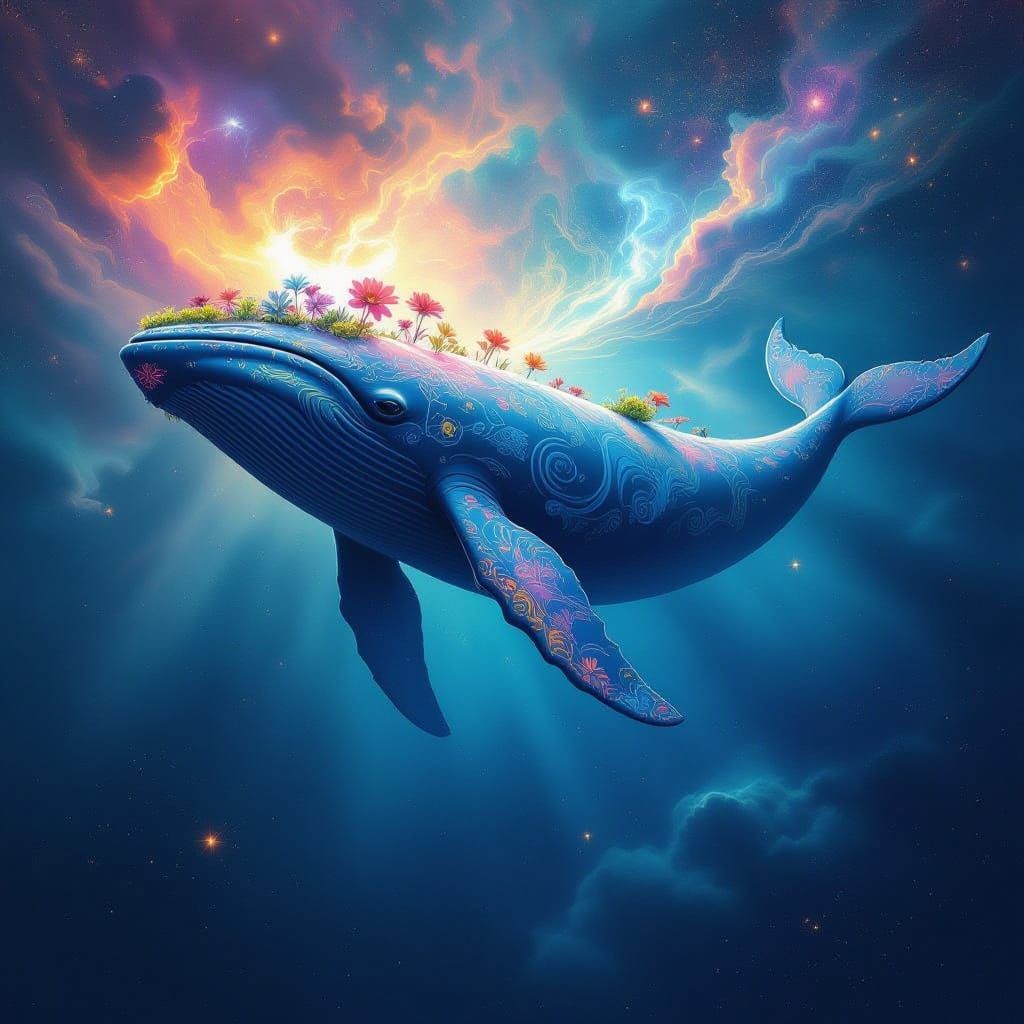Cosmic Whale with Art Nouveau Patterns Breaching Nebulae