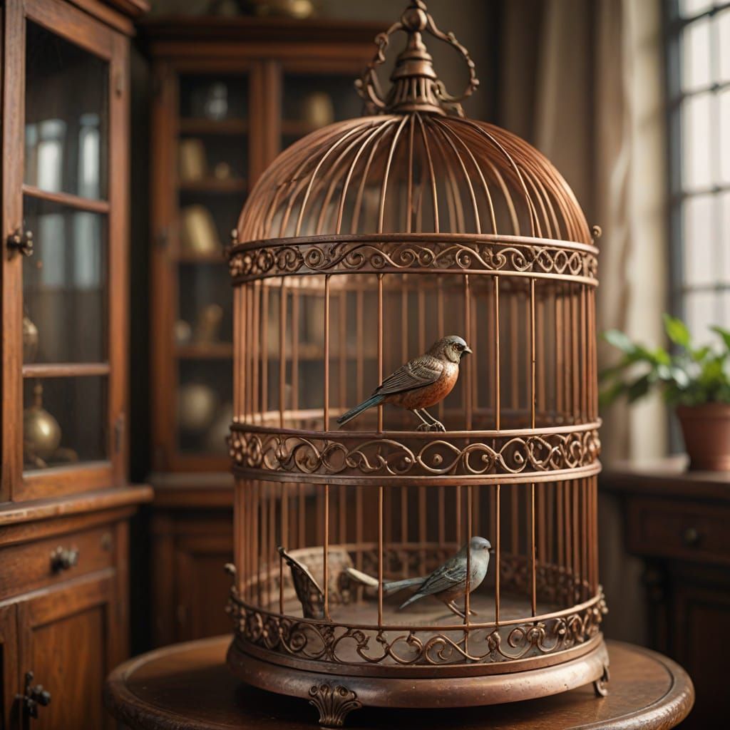 Vintage Copper Birdcage Close-Up in Soft Natural Light