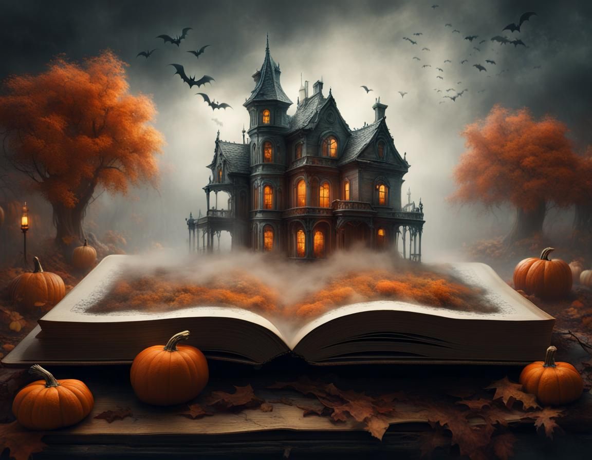Miniature Haunted House in Open Book with Mystic Fog