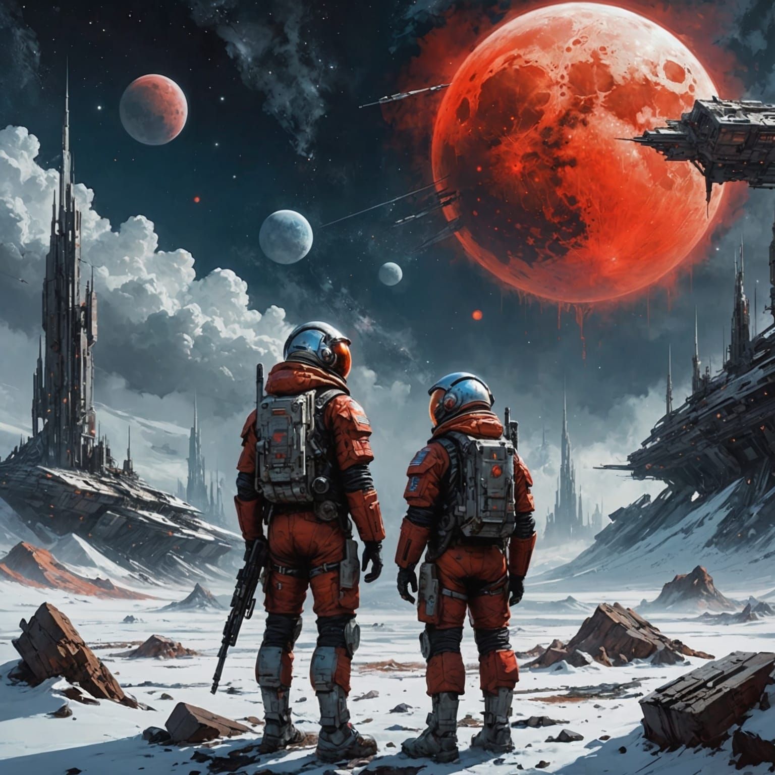 Spacemen Watch Abandoned Base on Snowy Planet