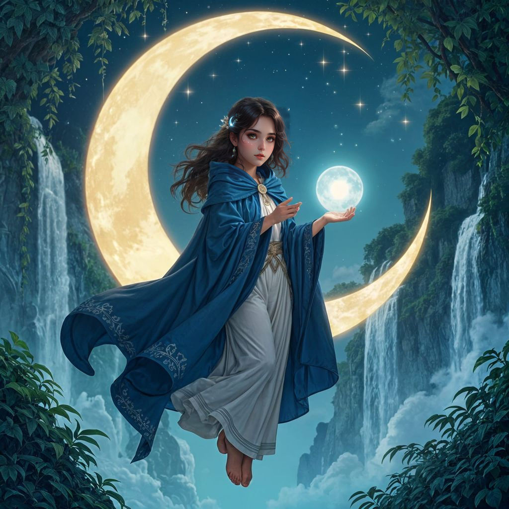 Girl with Glowing Orb Floating in Crescent Moon