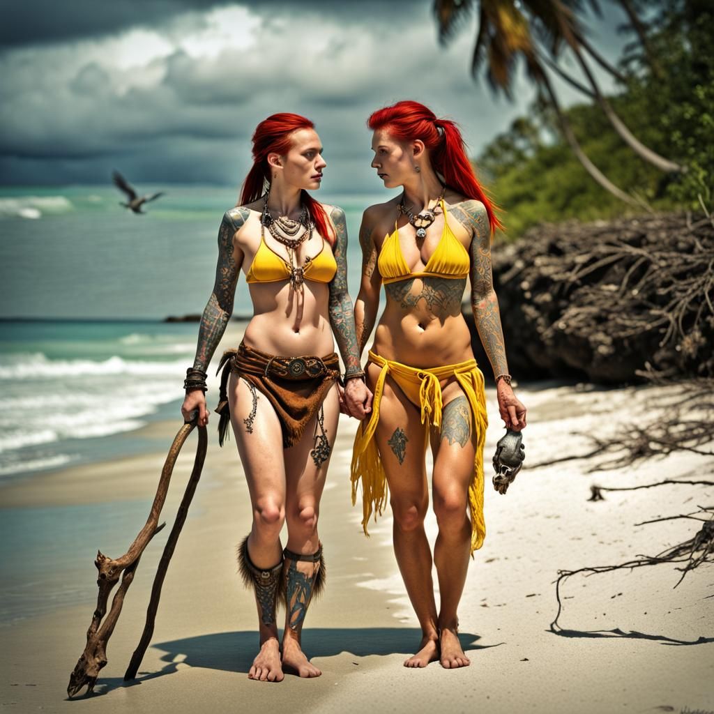 Viking Witch on Tropical Beach, Hyperrealistic