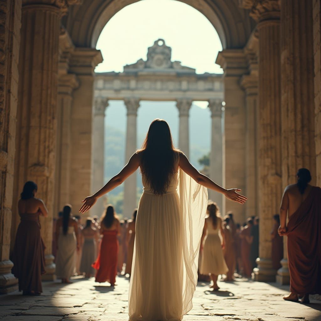 Filipino Woman Praying in Roman Temple: Cinematic Film