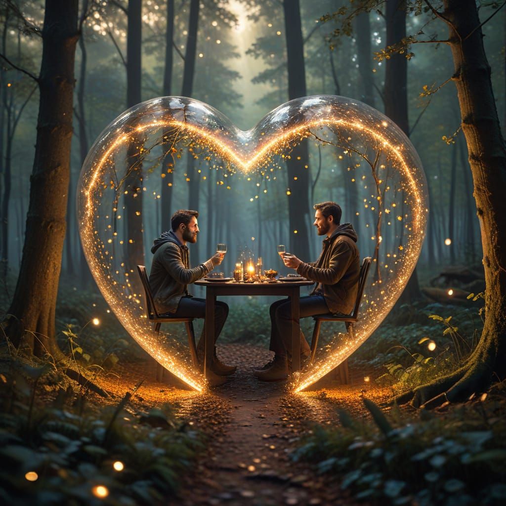Romantic Dinner Inside Glass Heart in Misty Forest