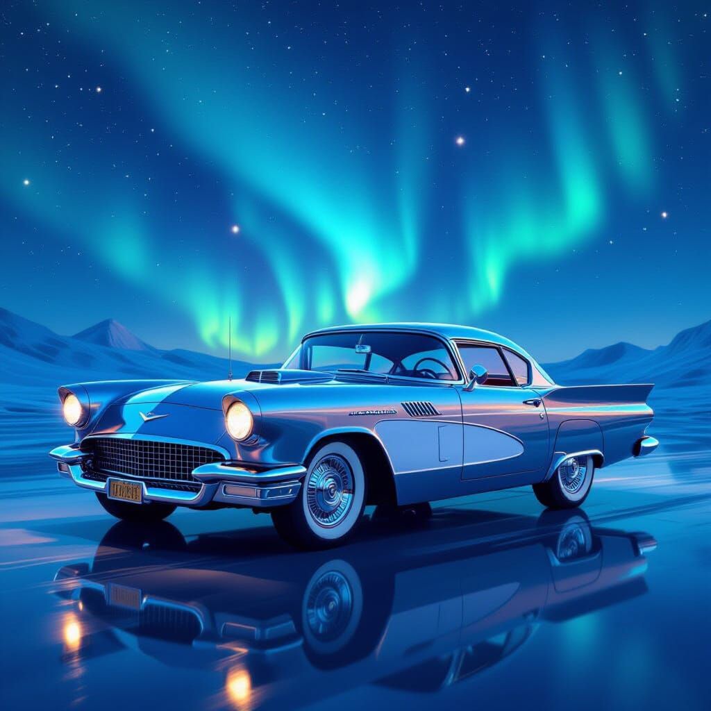 Classic Car Under Aurora Borealis in Art Deco Style