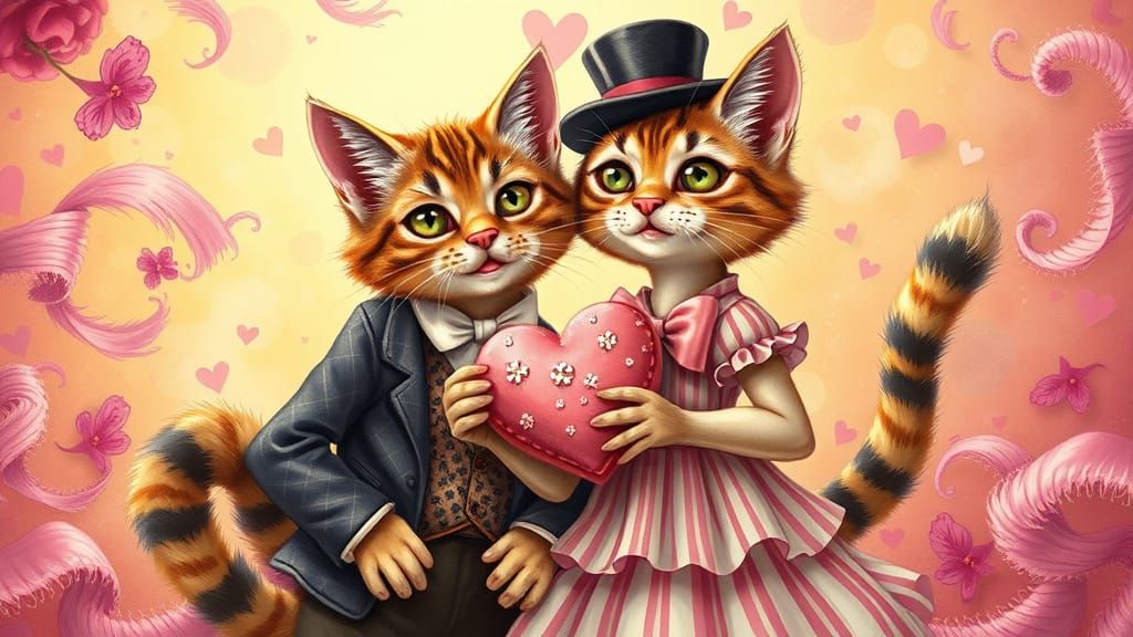 Whimsical Victorian Feline Couple Celebrate Valentine's Day