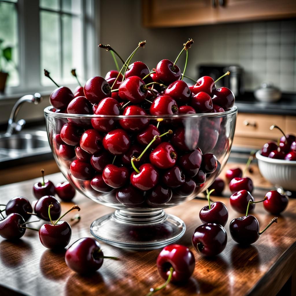 Hyperrealistic Bowl of Cherries on Kitchen Table
