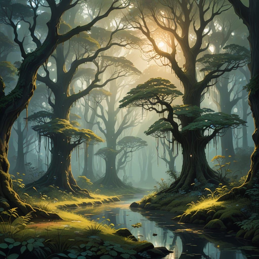 Ethereal Misty Forest Bathed in Soft Dawn Light