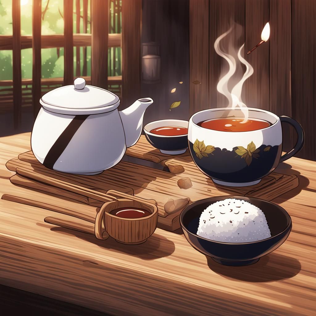 Anime-Style Onigiri and Tea Still Life