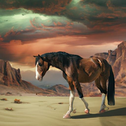 Horse in Sinister Desert Landscape, Fantasy Illustration