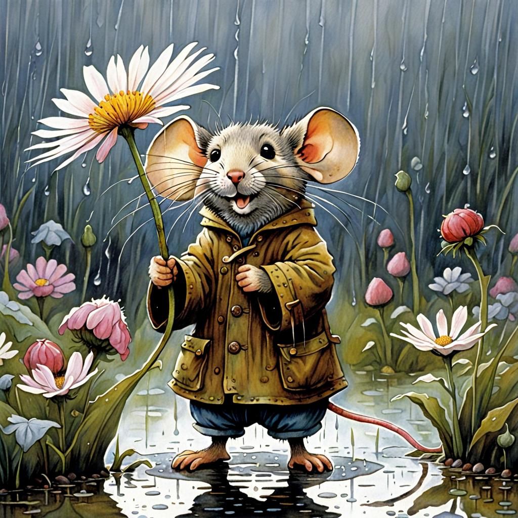 Cute Mouse in Rainy Flower Scene