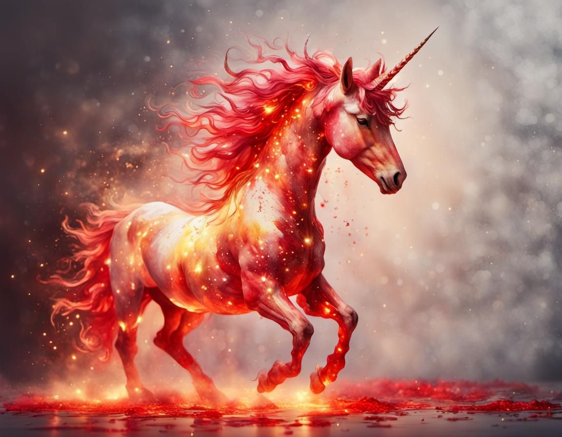 Glowing Red Fire Unicorn in Watercolor Style