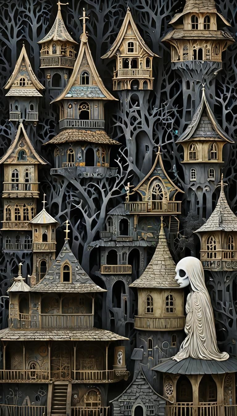 Ethereal Gothic Village in Hyperrealistic Digital Painting S...