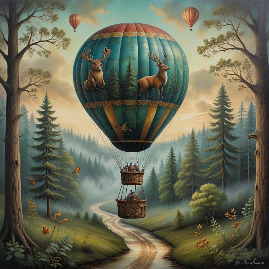 Surreal Hot Air Balloon Over Forest: Oil and Chalk