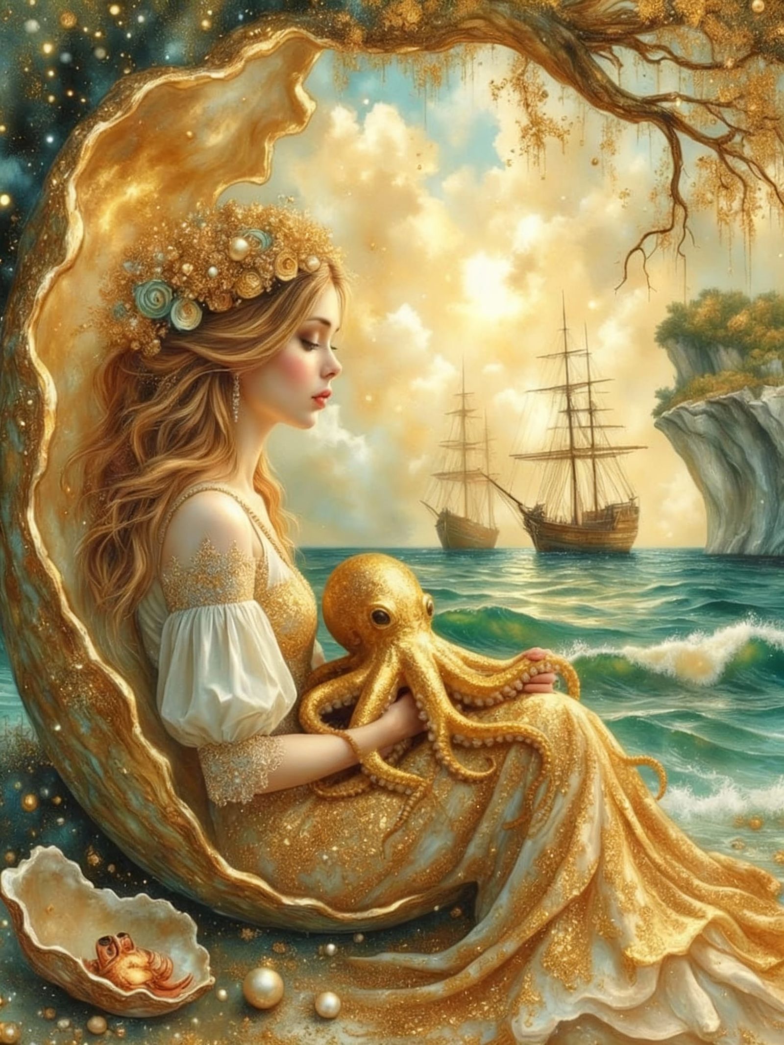 Golden Mermaid with Octopus in Shell Cave