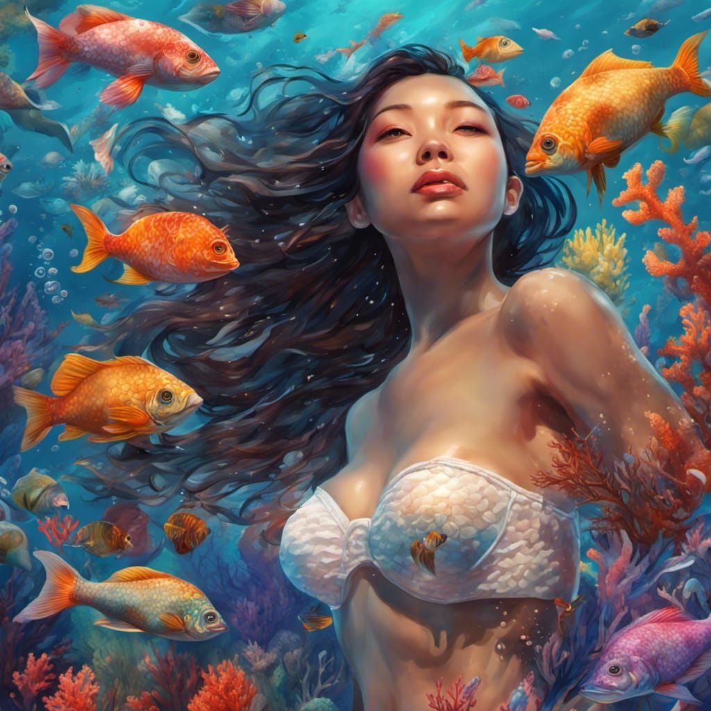 Beautiful Asian Mermaid in Colorful Coral Reef
