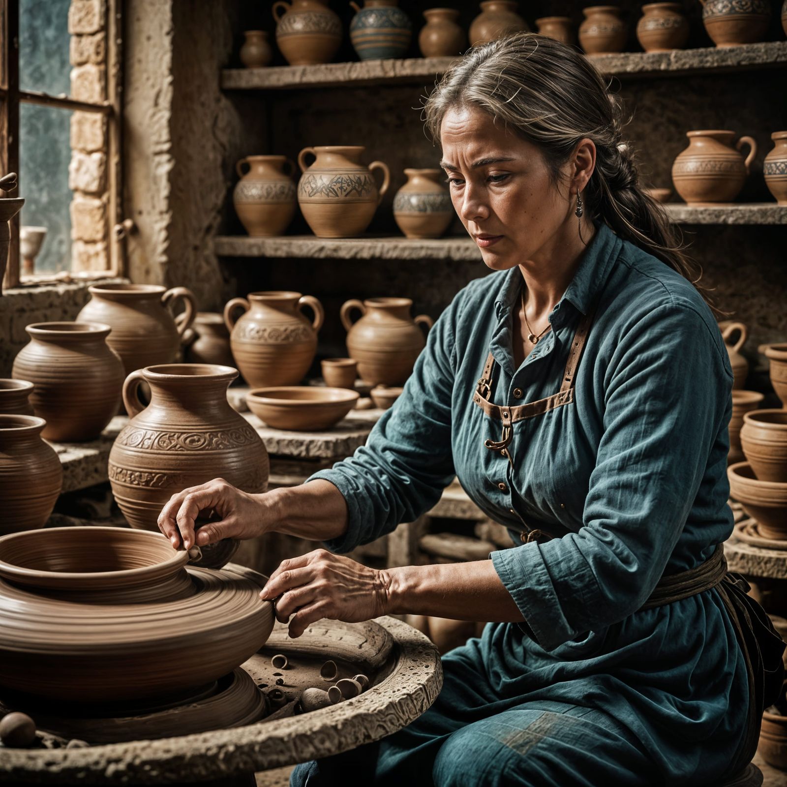 Woman at Pottery Wheel: Hyperrealistic 64 Megapixel Image