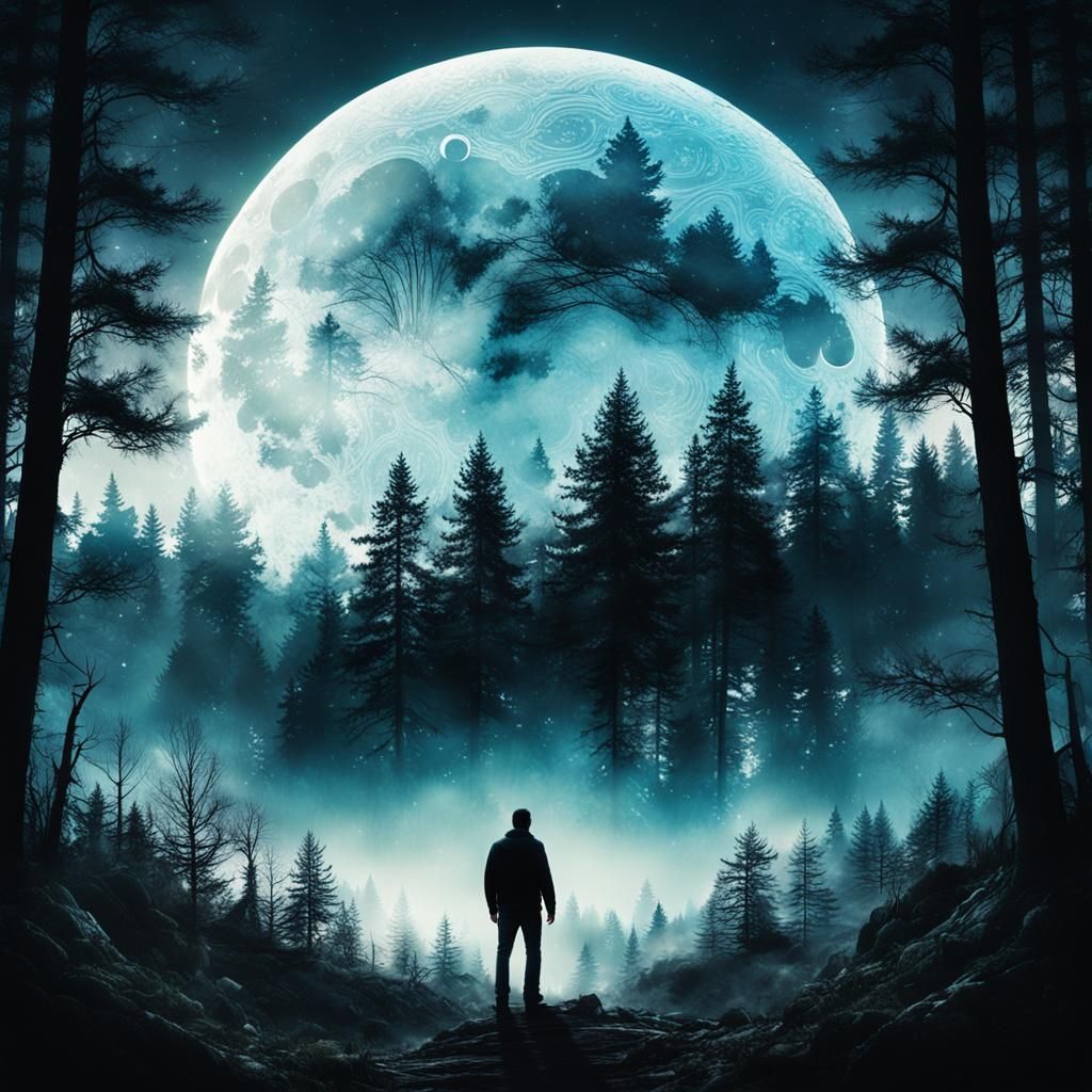 Silhouette Double Exposure: Forest and Moon