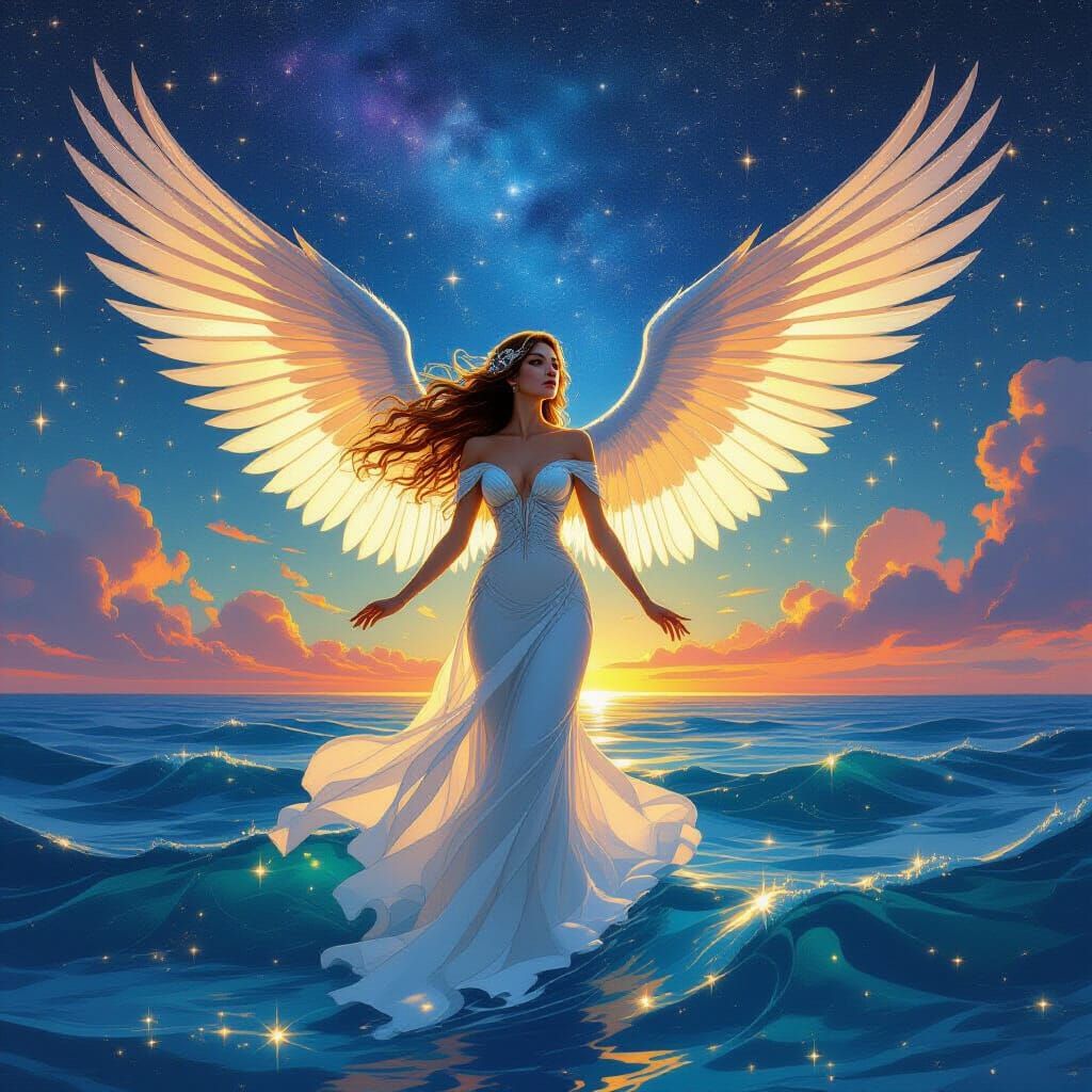 Ethereal Woman with Feathered Wings in Cosmic Ocean