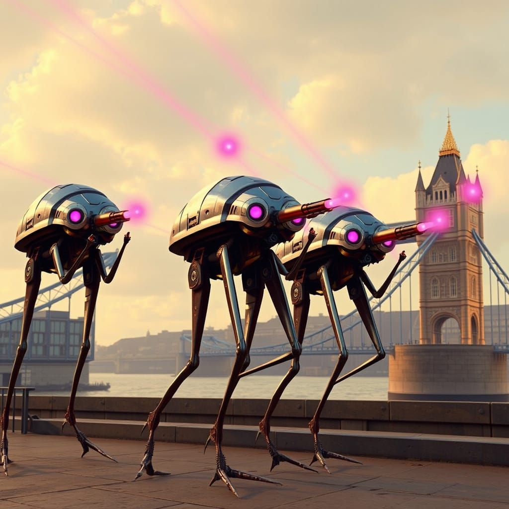 Martian Walkers Attack London Bridge in Retro Sci-Fi Style