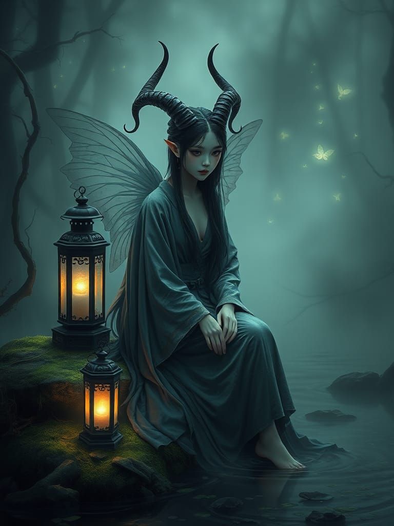 Asian Dark Fairy at Haunted Lake, Ethereal Glow