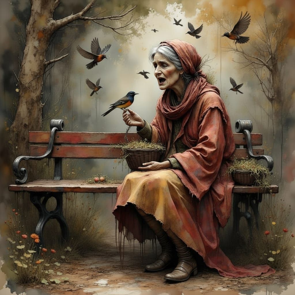 Old Woman Singing and Feeding Birds in Detailed Concept Art
