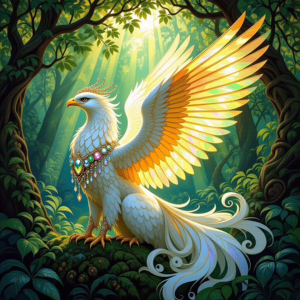 Golden Griffin in Mythological Forest, Fantasy Art