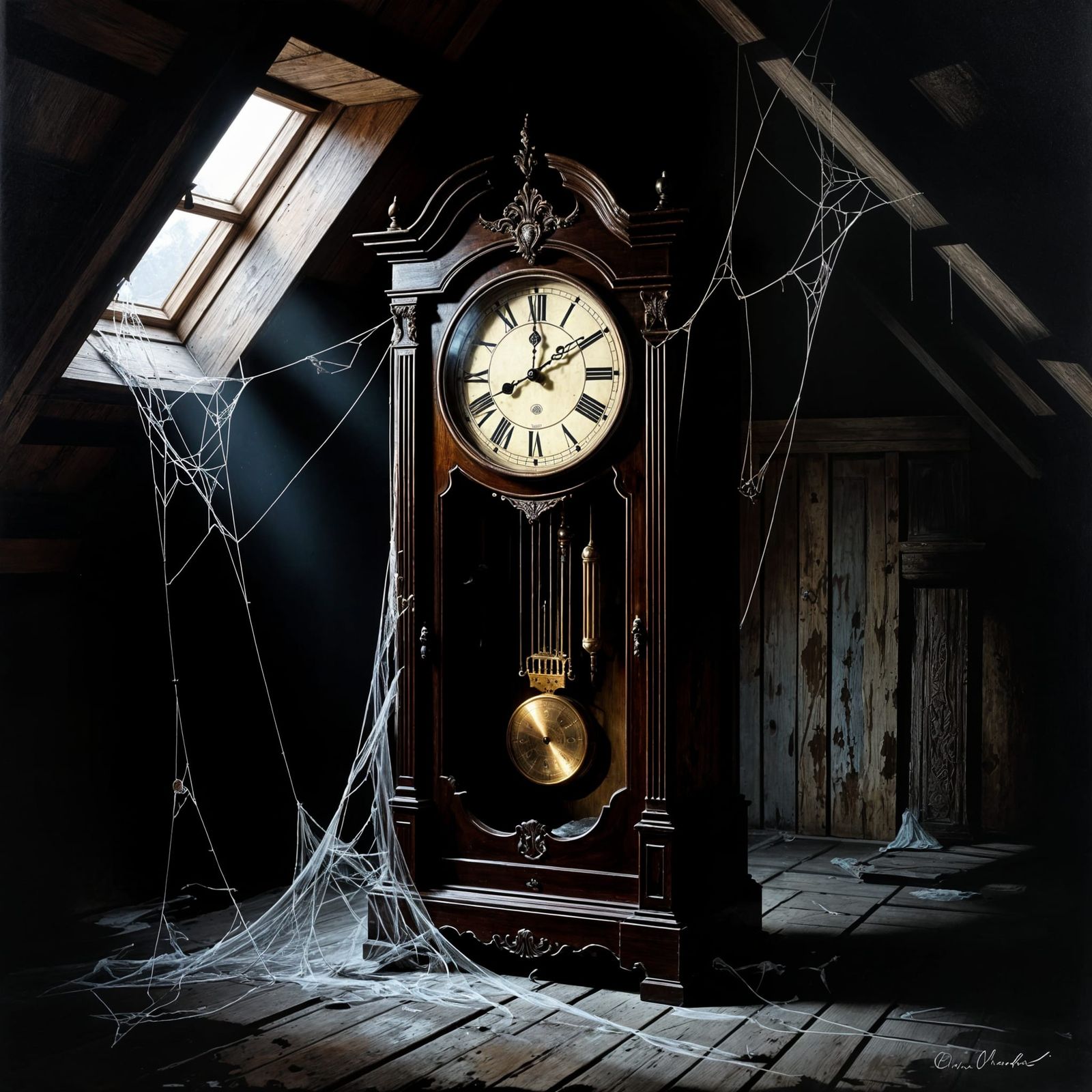 Ancient Grandfather Clock in Moonlit Attic Oil Painting