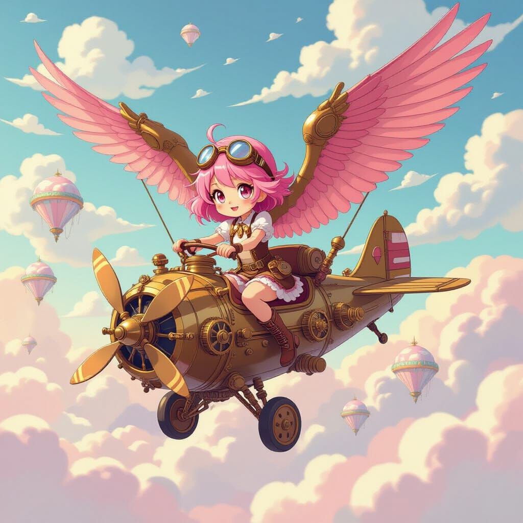Steampunk Ornithopter Soaring Through Dreamlike Anime Sky