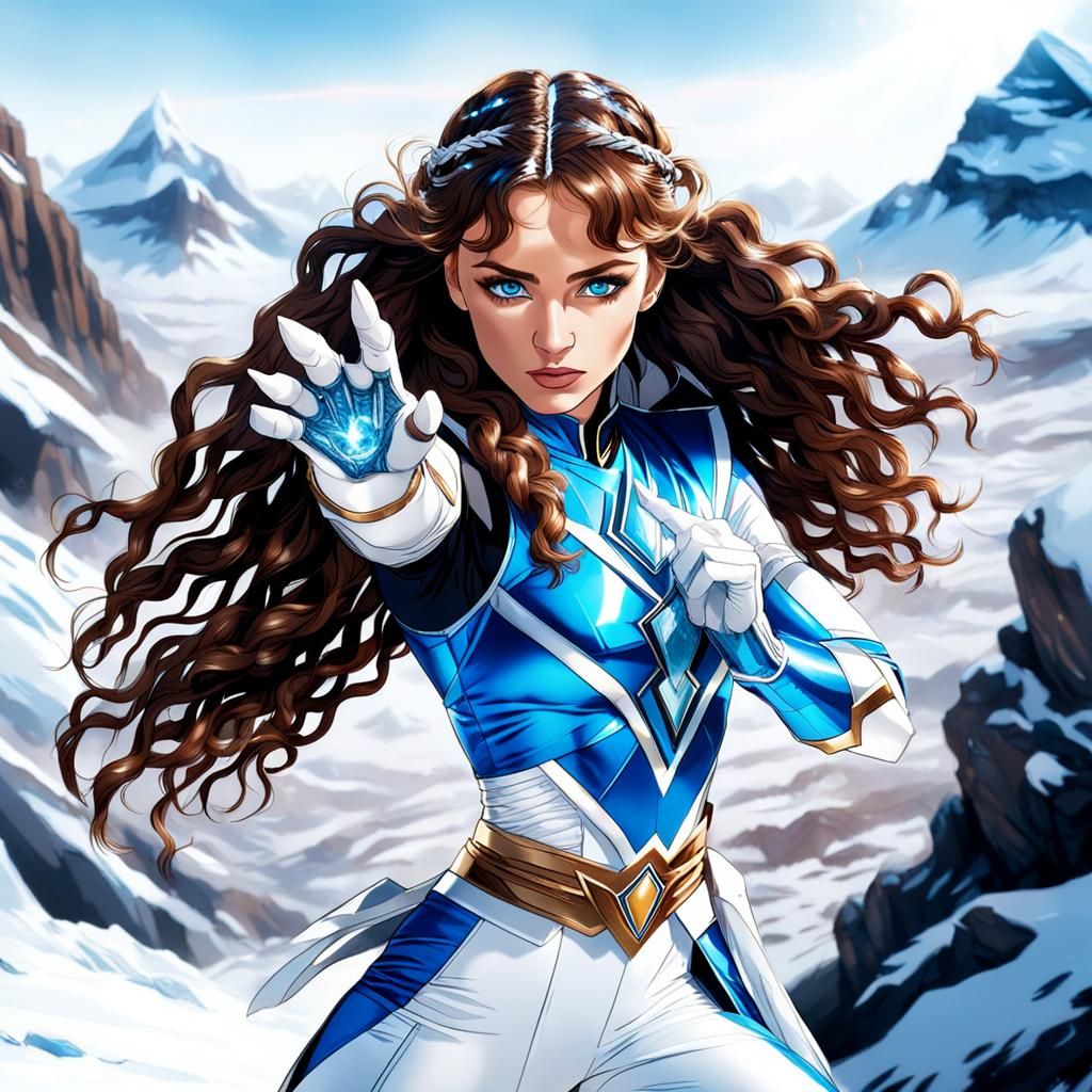 Young woman with blue eyes and long brown curly braided hair...